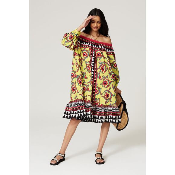RTR La DoubleJ XS Paloma Yellow Multicolor Print Off Shoulder Shift Midi Dress - Picture 1 of 6